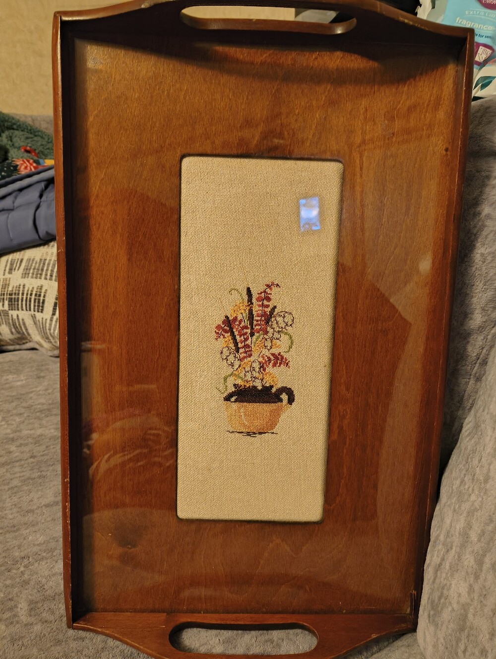 Framed Needlepoint Floral Tray Wall Art in Warm Wood Tones